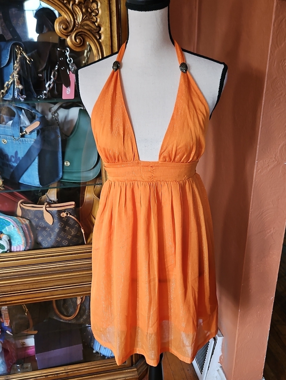 Kurt Geiger Orange with Mettalic Thread Halter Dress